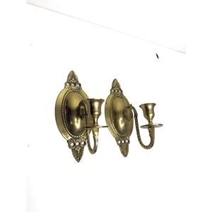 Pair of Vintage Brass Candle Wall Sconces - Gold Candlesticks for Victorian